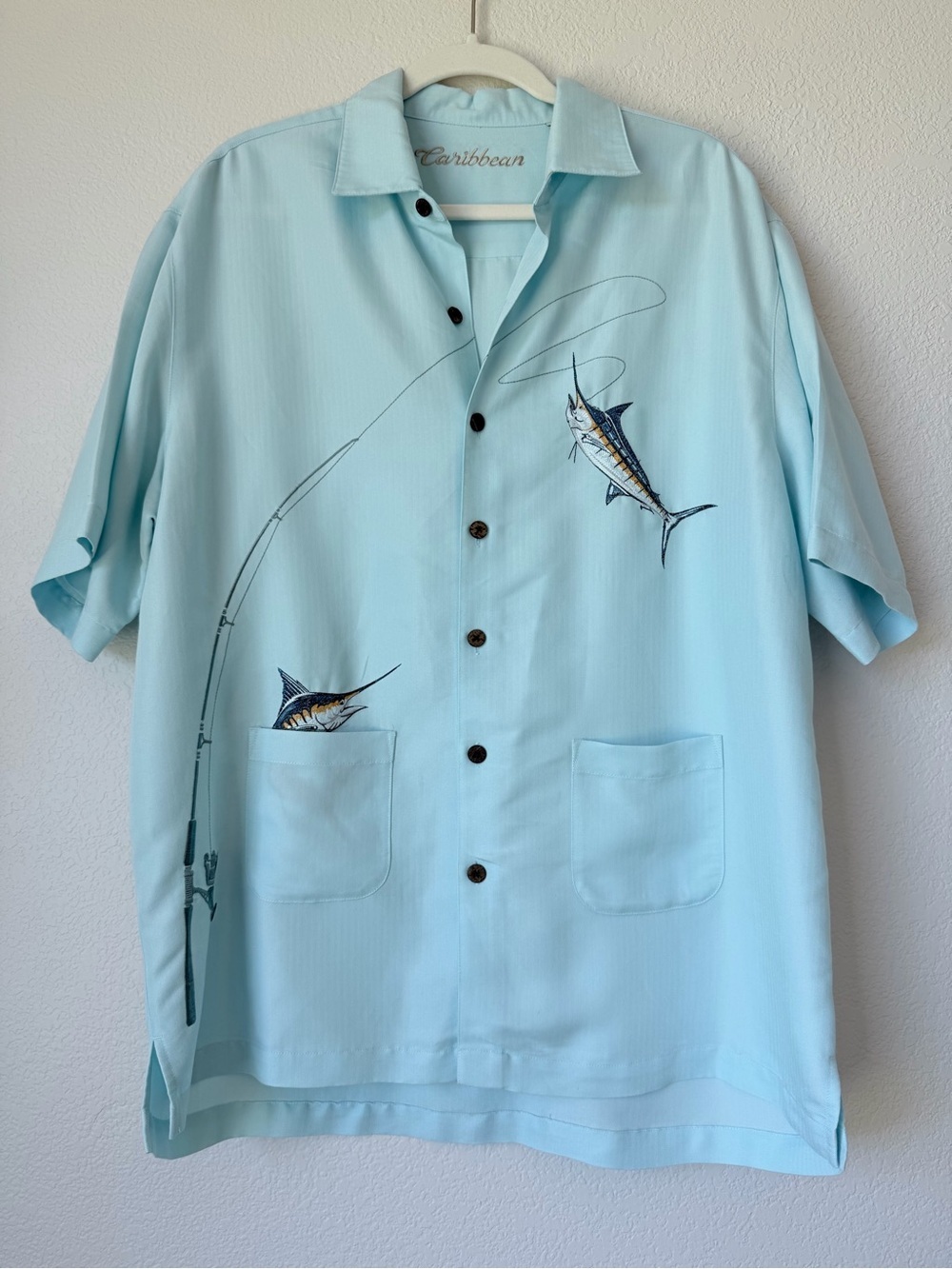 Caribbean Marlin Fishing Camp Shirt Blue Button Up Hawaiian Mens L